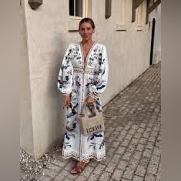 Farm Rio Mystic Blue Lotus Placed Print Long Sleeve Linen Blend Maxi Dress - Picture 6 of 16